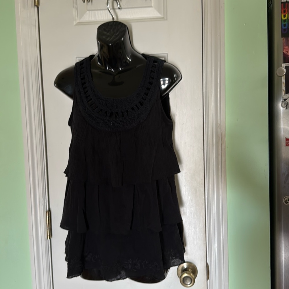 100% Cotton Coldwater Creek Black Tiered Ruffle Sleeveless Top Size L 14-16